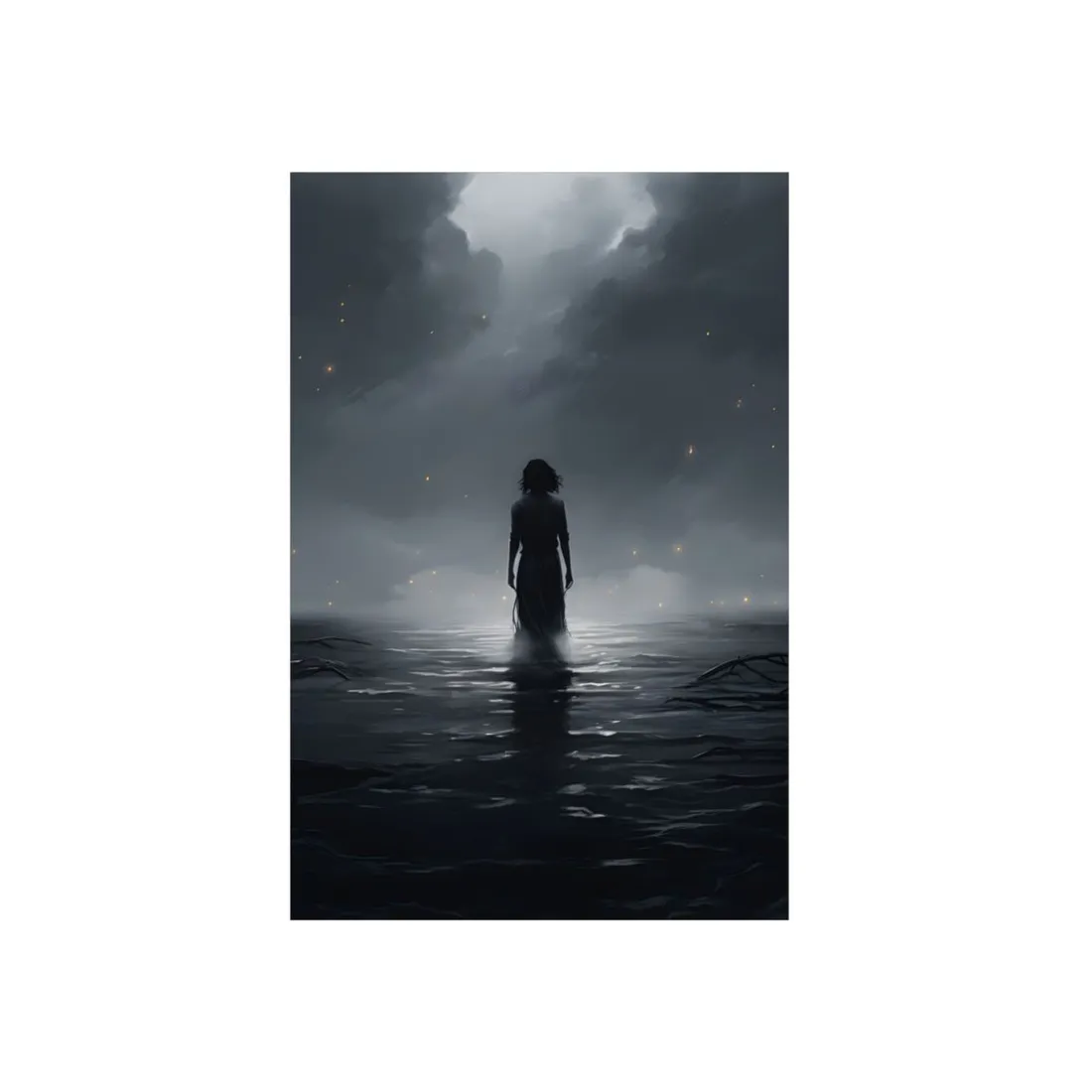 Silhouette in the Mist: Lone Figure in Still Water - Metal Poster