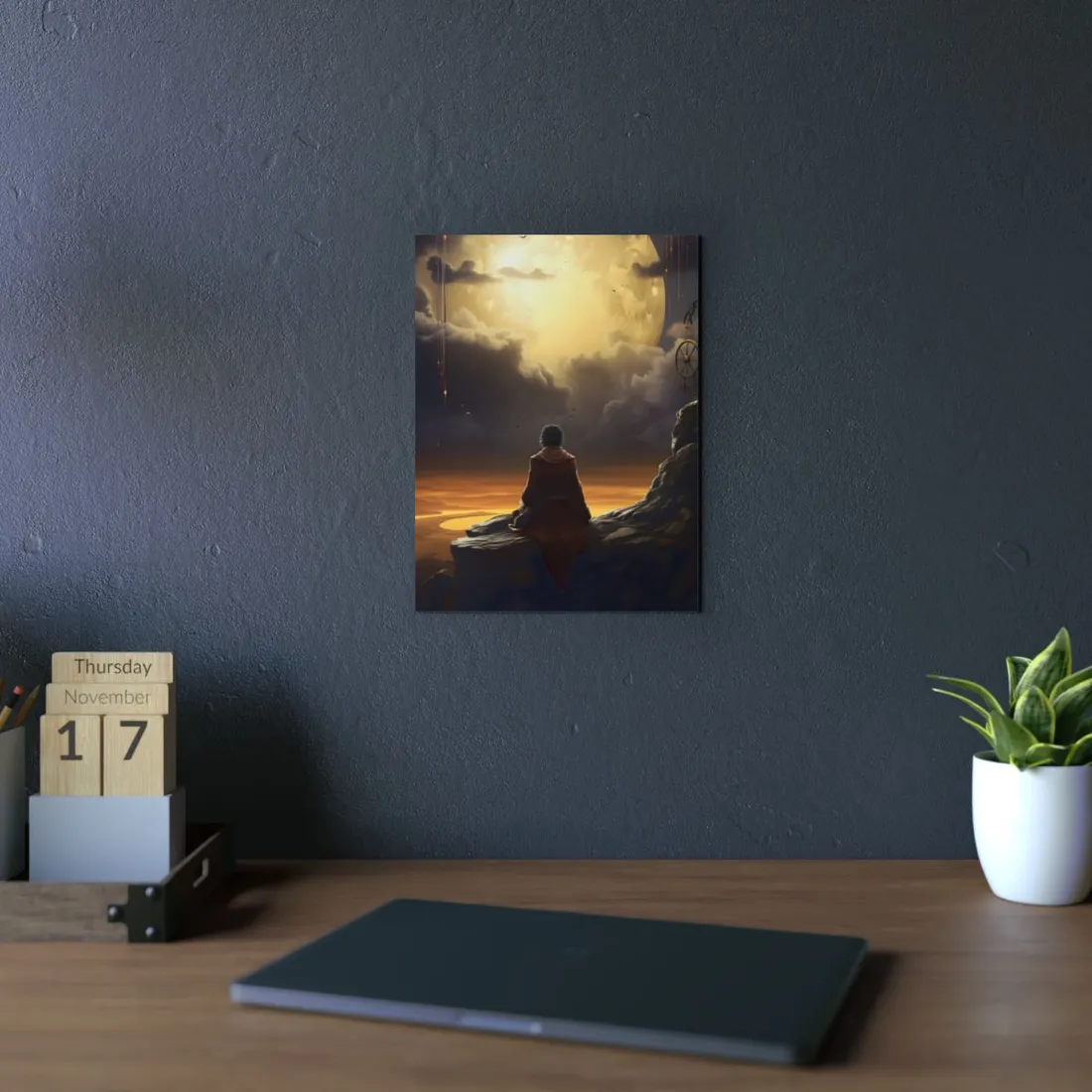 Silhouette on the Cliff: Figure Beneath a Bright Sky - Metal Poster