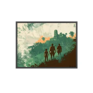 Silhouetted Figures Near Ruined Temple Framed Poster