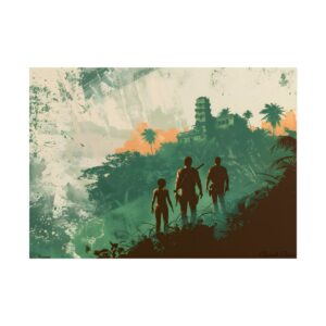 Silhouetted Figures Near Ruined Temple Poster