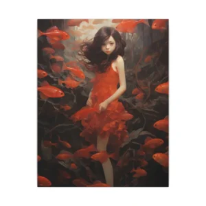 Girl Surrounded by Red Fish Canvas Print