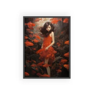 Girl Surrounded by Red Fish Framed Poster