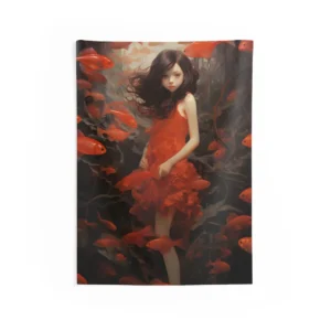 Girl Surrounded by Red Fish Wall Tapestry