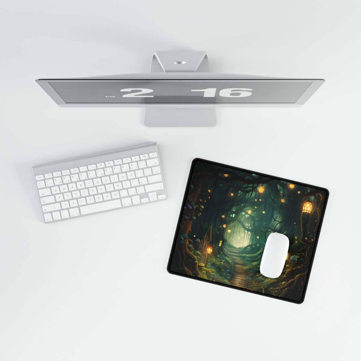 Six Travelers Amidst a Whispering Wood: Serene Scene from Ancient Tales - Desk Mat