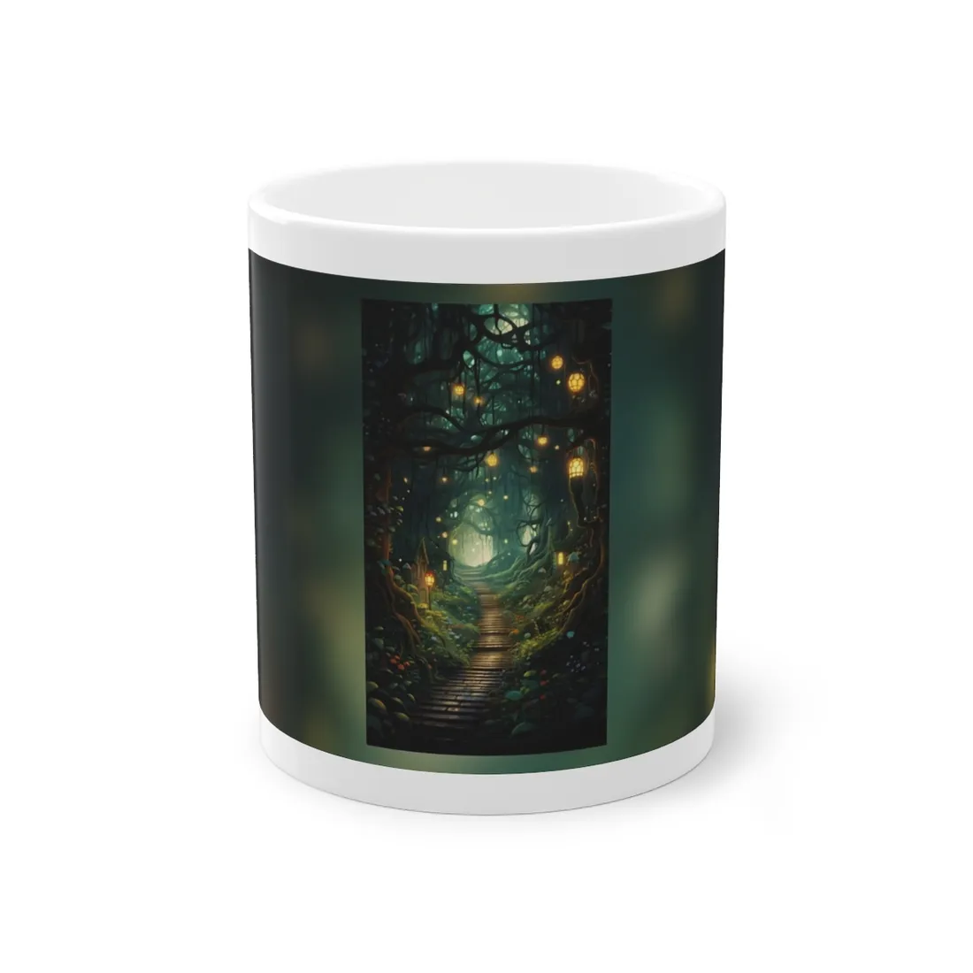 Six Travelers Amidst a Whispering Wood: Serene Scene from Ancient Tales - Mug