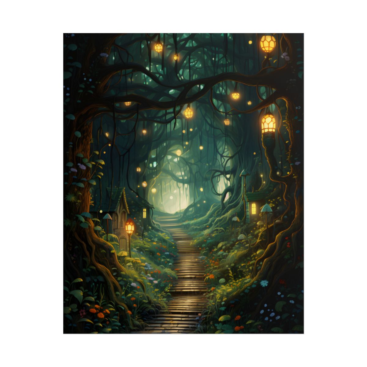 Six Travelers Amidst a Whispering Wood: Serene Scene from Ancient Tales - Poster