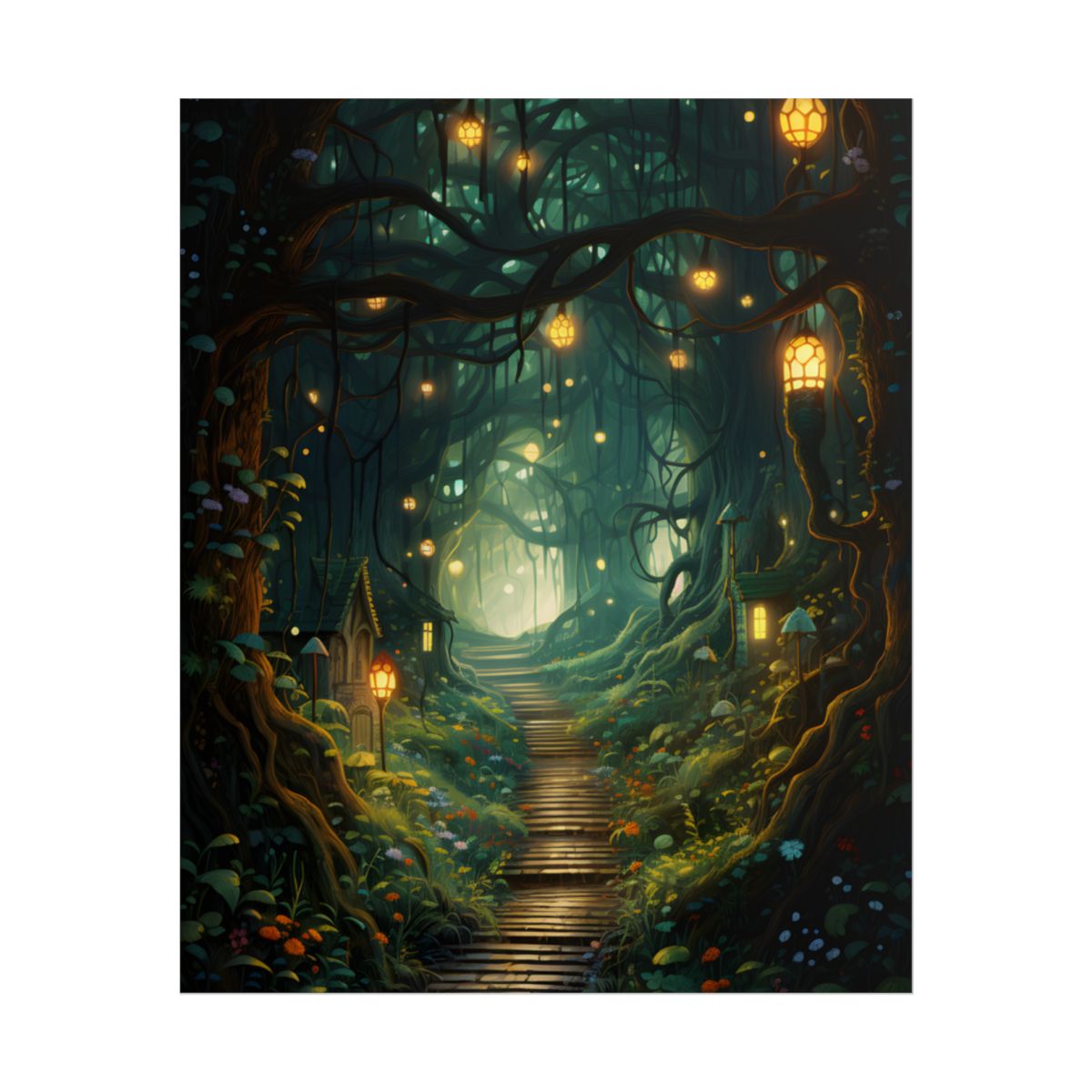 Six Travelers Amidst a Whispering Wood: Serene Scene from Ancient Tales - Poster