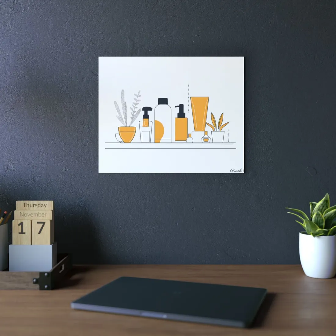 Skincare Essentials: Flat Illustration with Plant Accent - Metal Poster