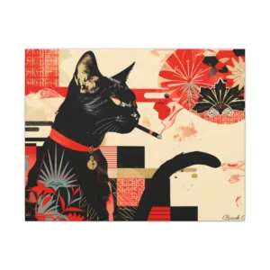 Black Cat Smoking Red Pattern Canvas Print