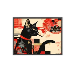 Black Cat Smoking Red Pattern Framed Poster