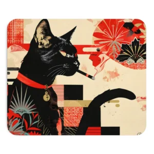 Black Cat Smoking Red Pattern Mouse Pad