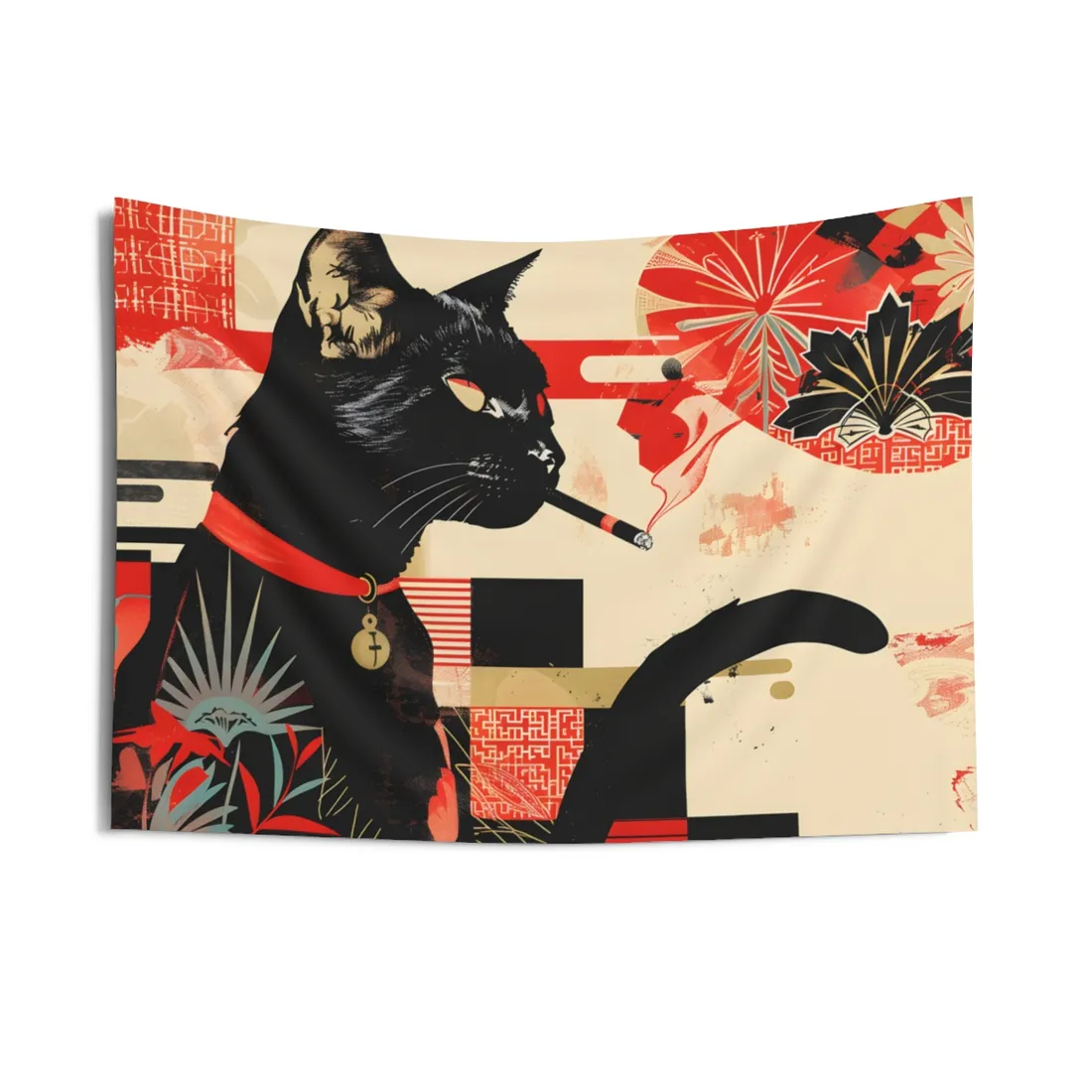 Smoking Cat: Whimsical Feline Moment - Wall Tapestry