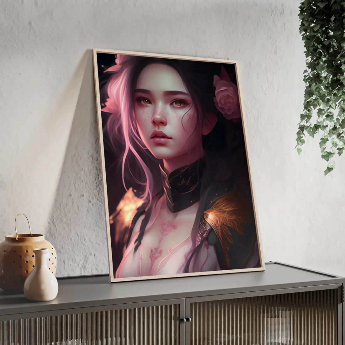 Soft Focus Portrait: Astonishing Female with Pink Hair in a Dre - Framed Poster