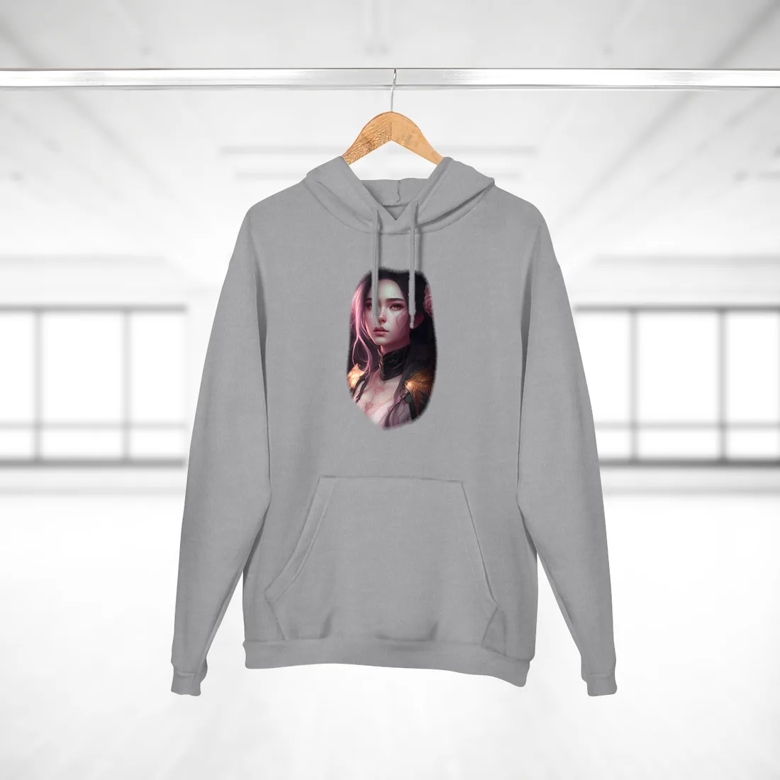 Portrait of a woman with pink-streaked hair, amber eyes, and a pink rose – Hoodie, heather grey