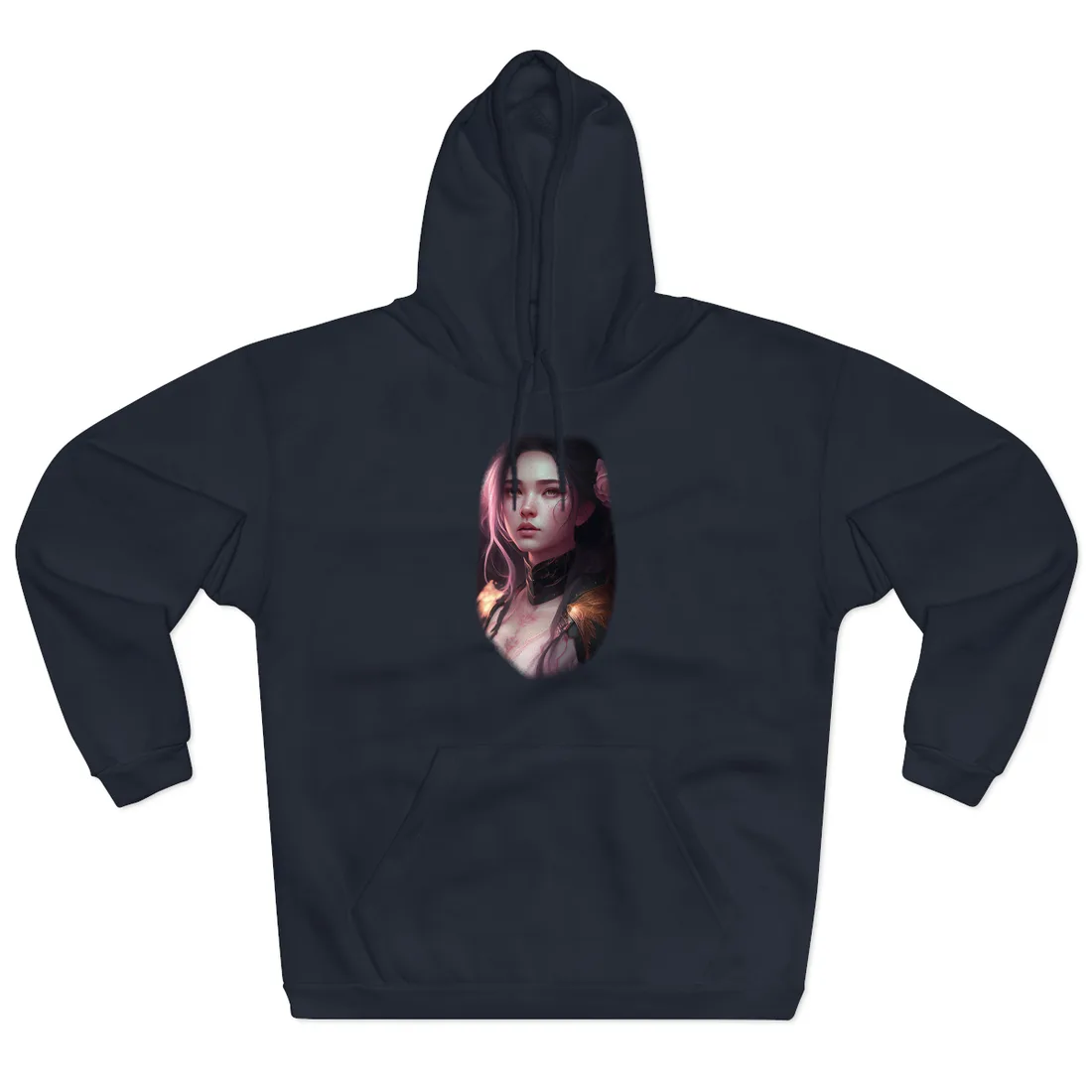 Portrait of a woman with pink-streaked hair, amber eyes, and a pink rose – Hoodie, navy