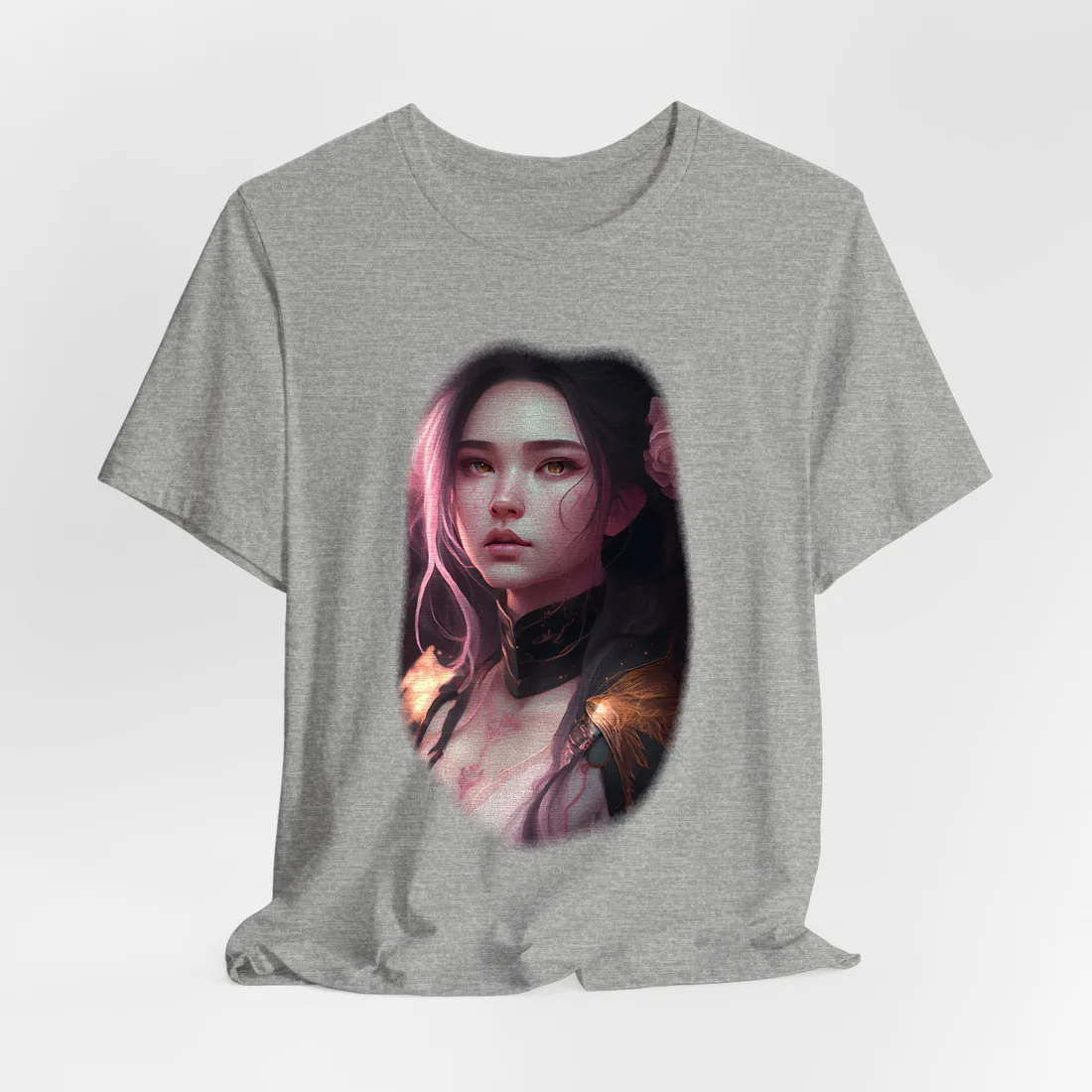 Portrait of a woman with pink-streaked hair, amber eyes, and a pink rose – T-Shirt, athletic heather