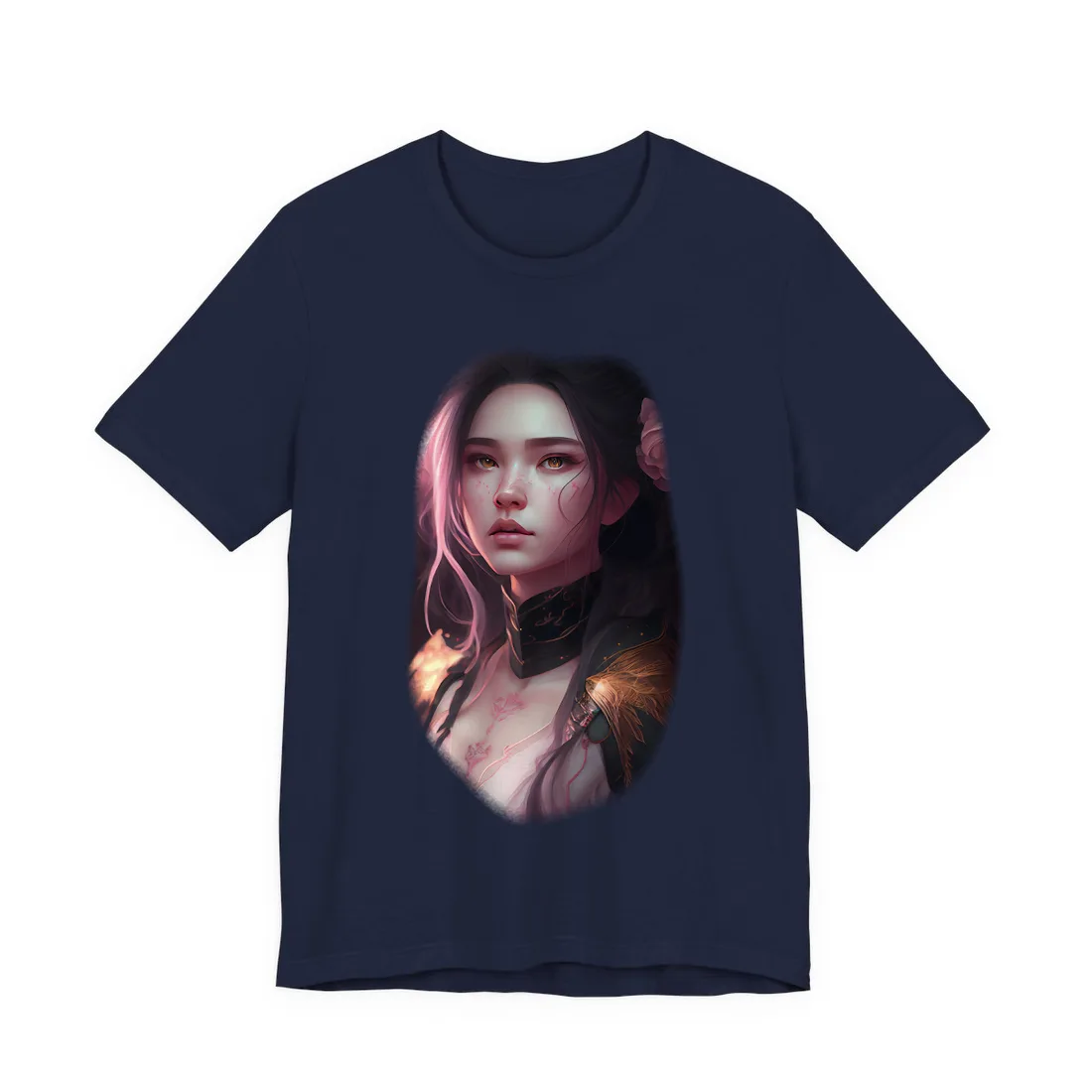 Portrait of a woman with pink-streaked hair, amber eyes, and a pink rose – T-Shirt, navy