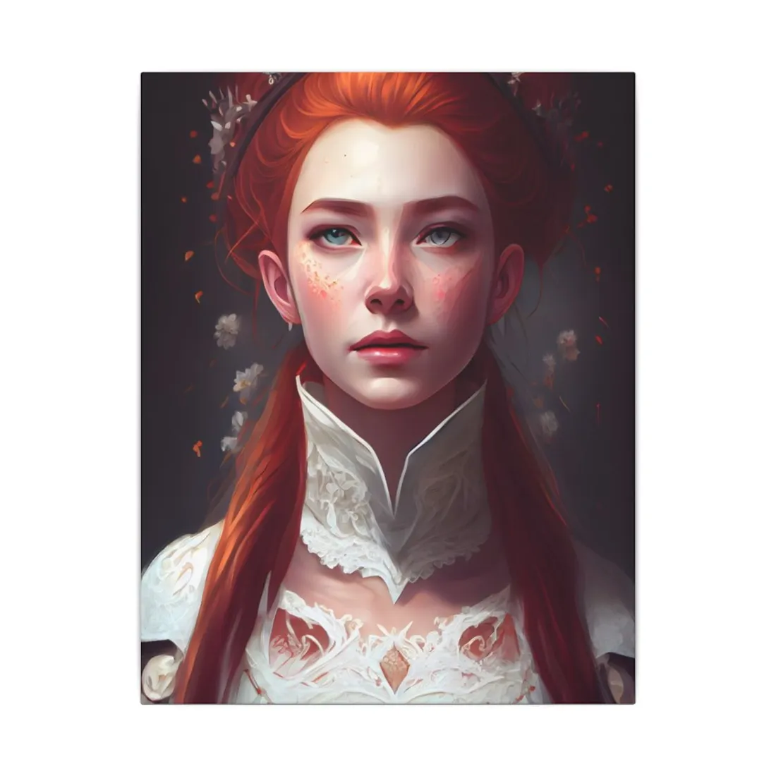 Soft Glow Redhead Portrait: Elegant Female Artwork in Dress - Canvas