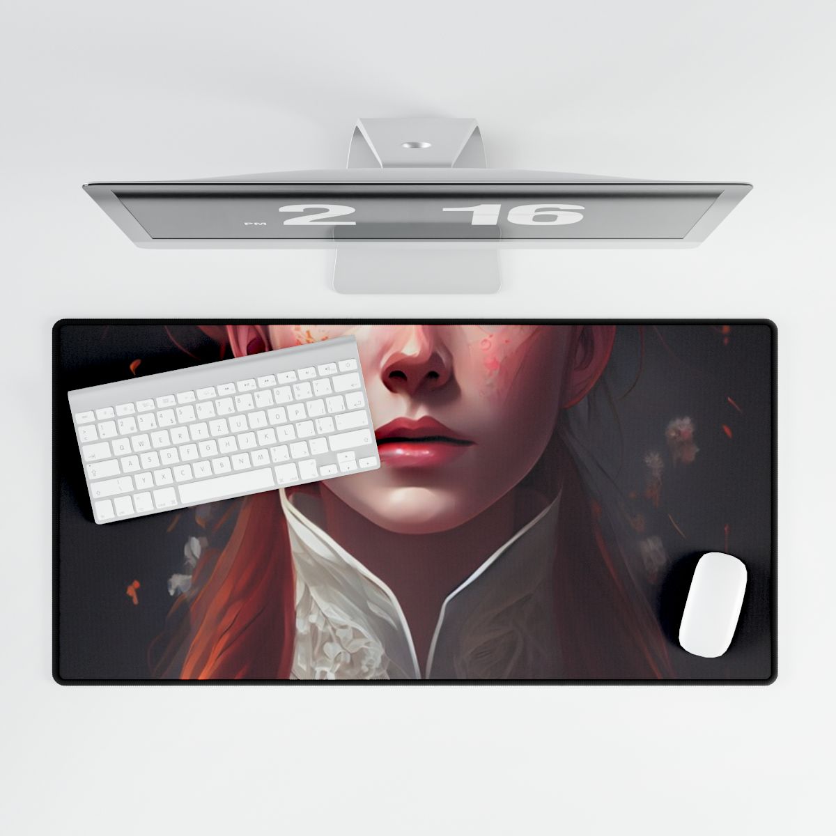 Soft Glow Redhead Portrait: Elegant Female Artwork in Dress - Desk Mat