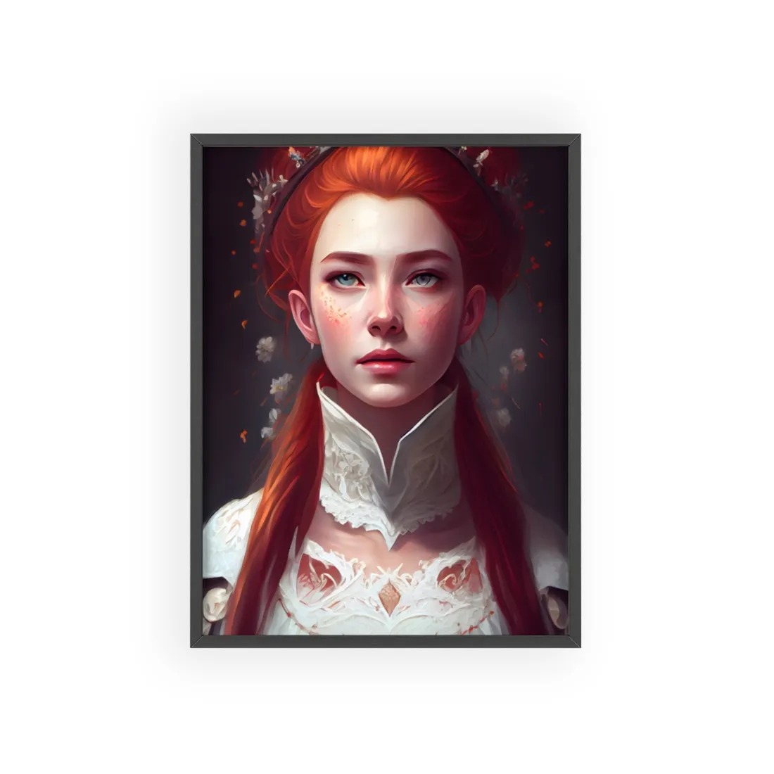 Soft Glow Redhead Portrait: Elegant Female Artwork in Dress - Framed Poster