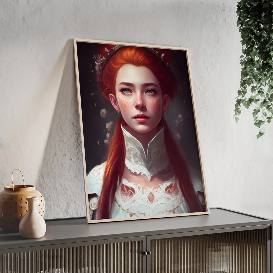 Soft Glow Redhead Portrait: Elegant Female Artwork in Dress - Framed Poster