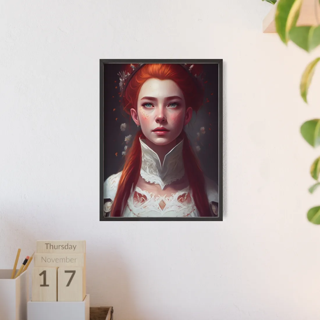 Soft Glow Redhead Portrait: Elegant Female Artwork in Dress - Framed Poster