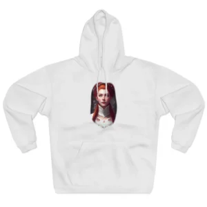 Red-Haired Woman in White Lace Hoodie