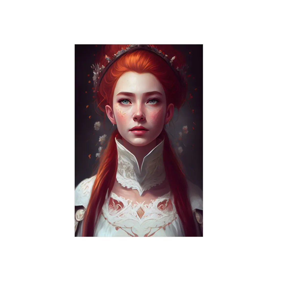 Soft Glow Redhead Portrait: Elegant Female Artwork in Dress - Metal Poster