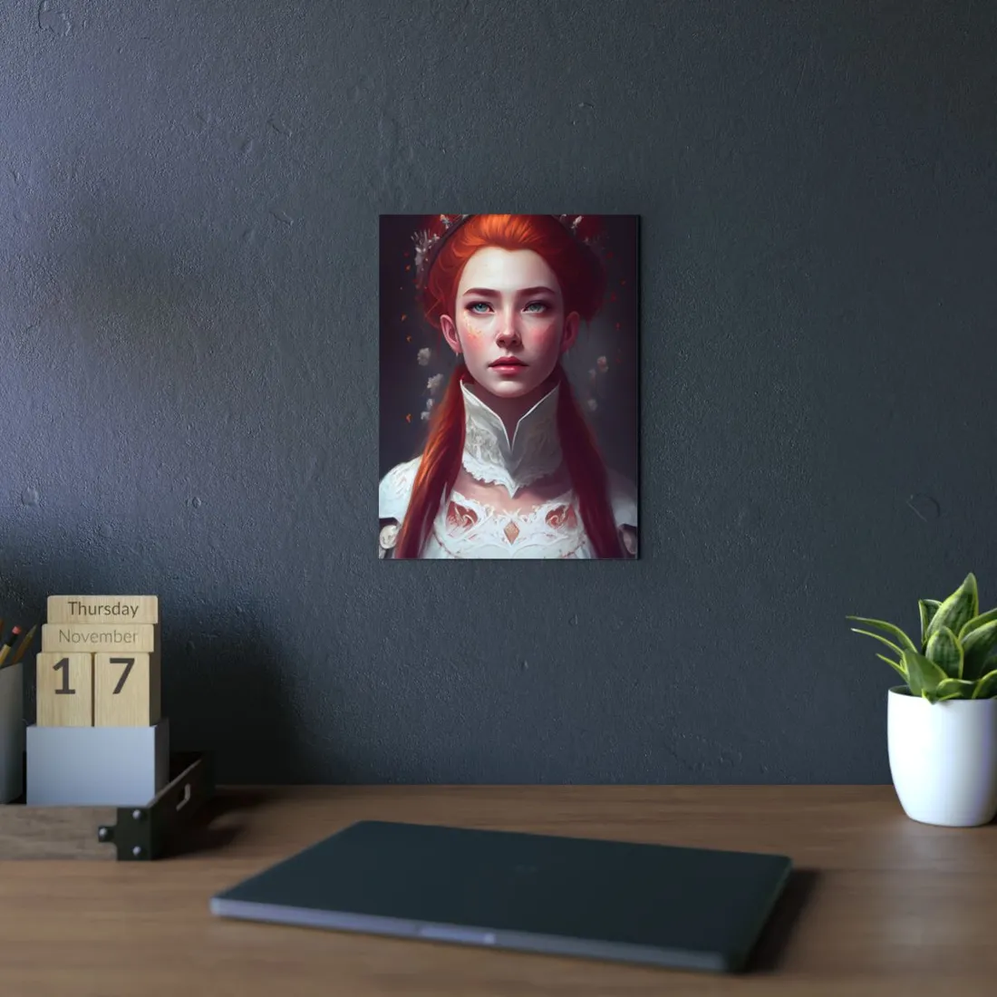 Soft Glow Redhead Portrait: Elegant Female Artwork in Dress - Metal Poster