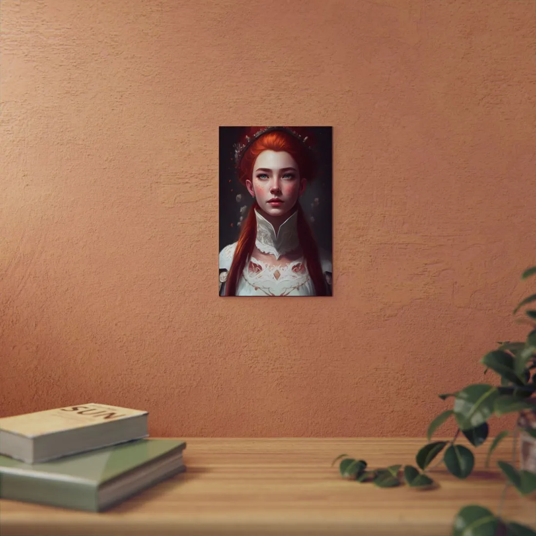 Soft Glow Redhead Portrait: Elegant Female Artwork in Dress - Metal Poster