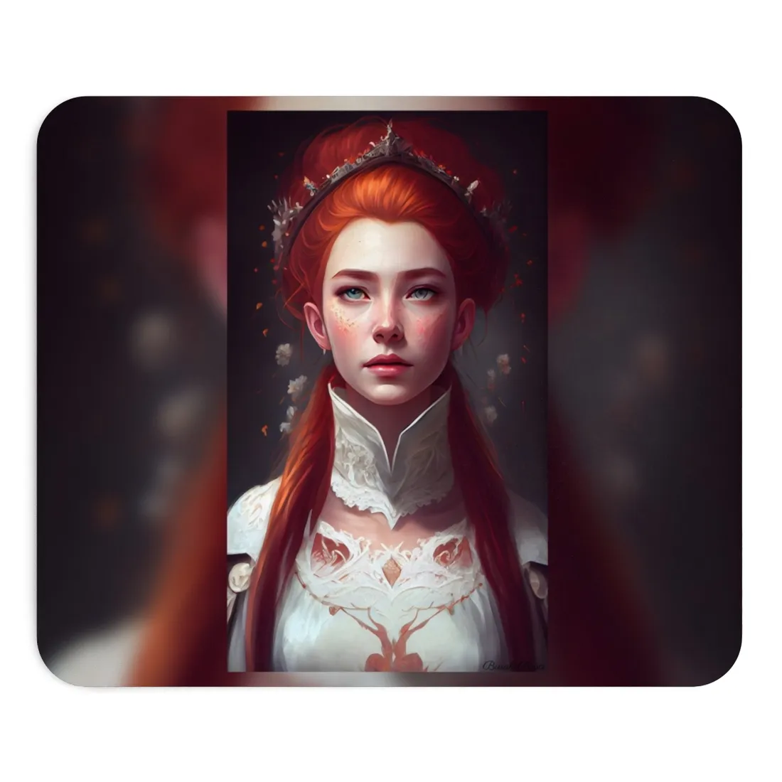 Soft Glow Redhead Portrait: Elegant Female Artwork in Dress - Mouse Pad