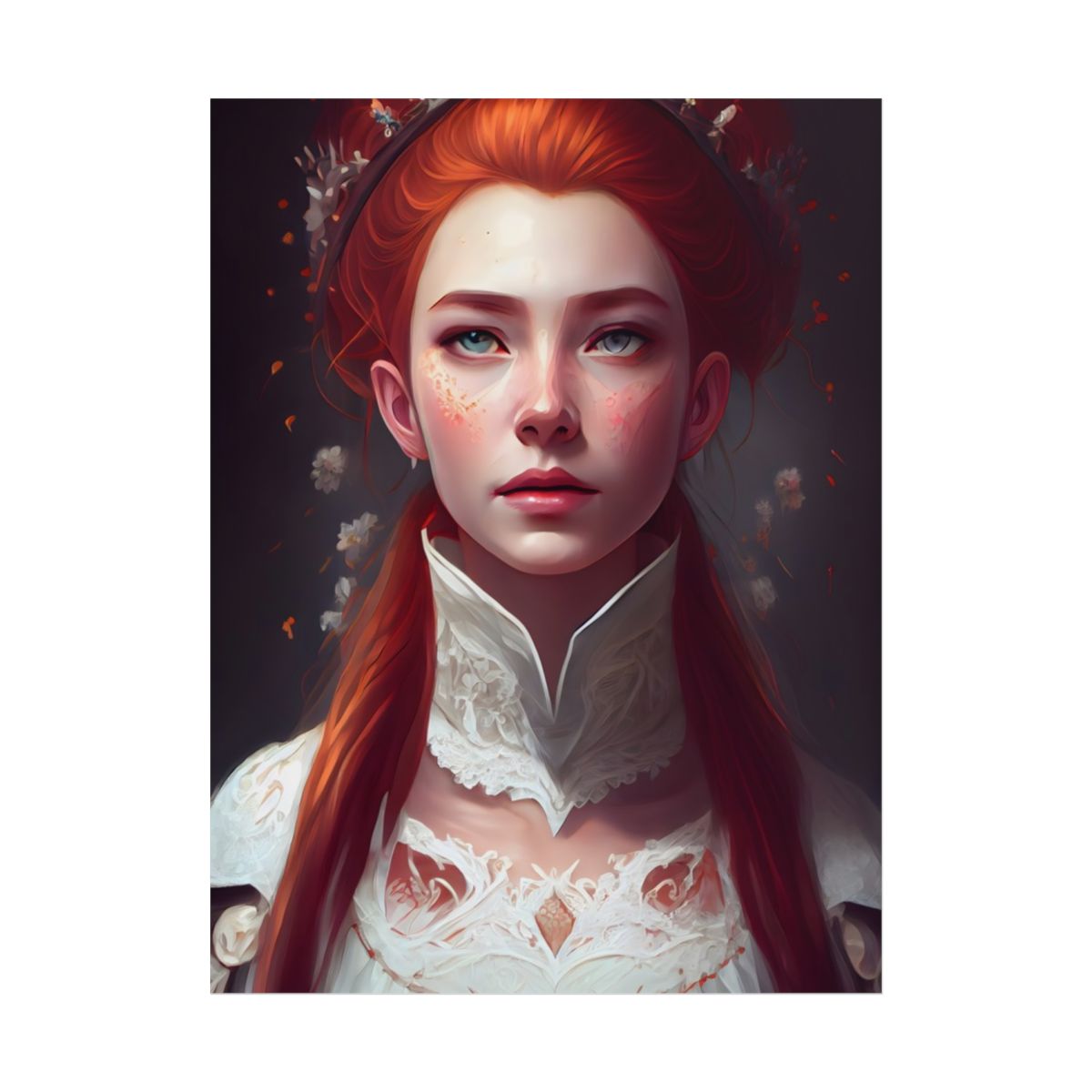 Soft Glow Redhead Portrait: Elegant Female Artwork in Dress - Poster