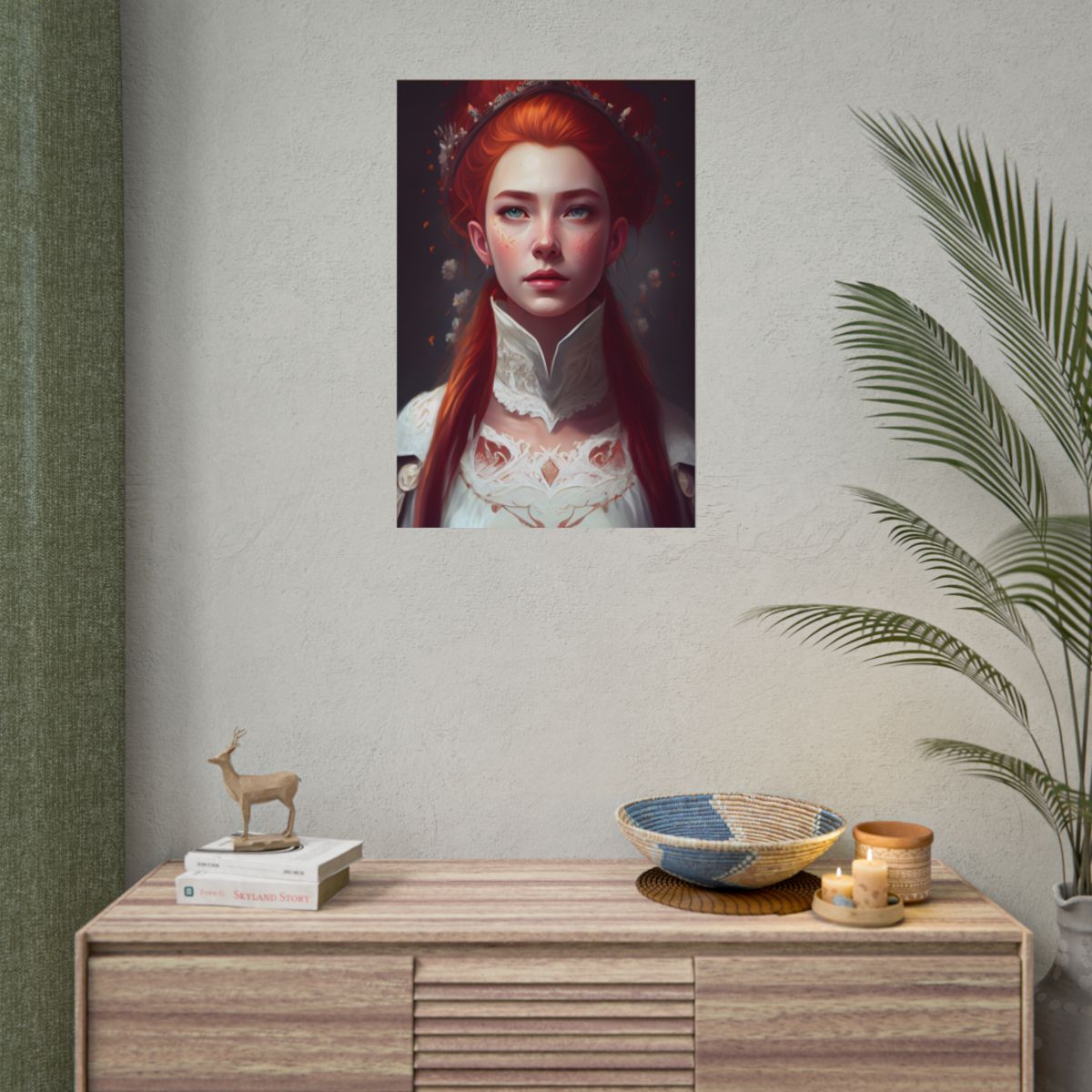 Soft Glow Redhead Portrait: Elegant Female Artwork in Dress - Poster