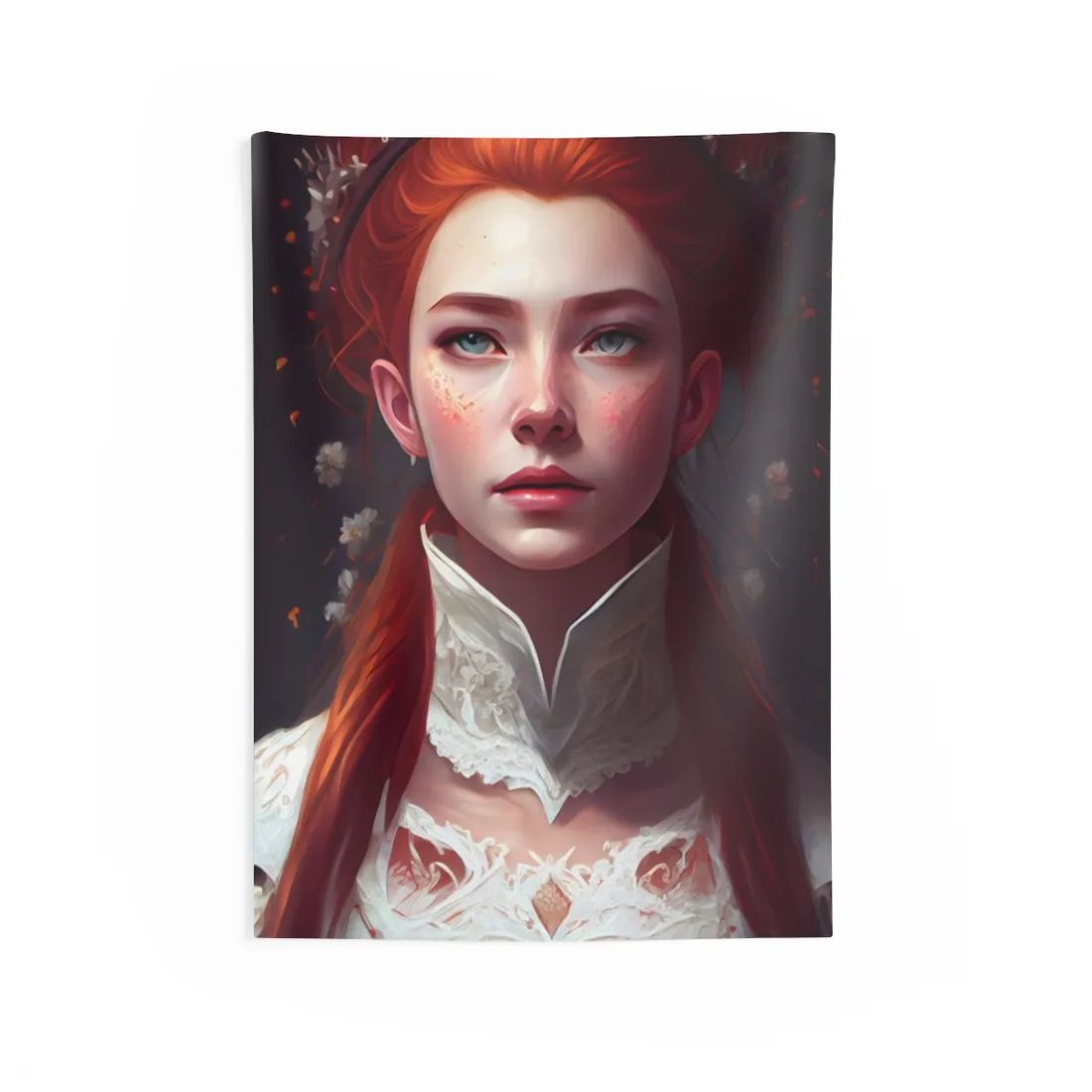 Soft Glow Redhead Portrait: Elegant Female Artwork in Dress - Wall Tapestry