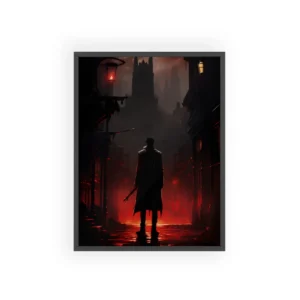 Cloaked Figure on Red Street Framed Poster