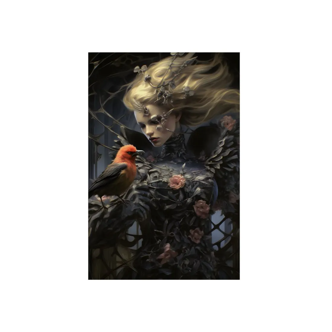 Songbird Companion: Woman Portrait with Perched Bird - Metal Poster
