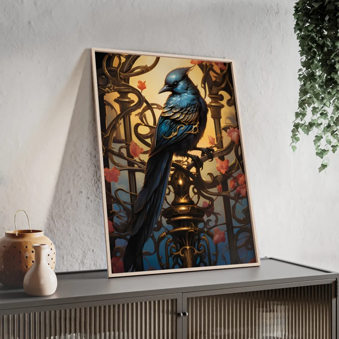 Songbird Guardian: Intense Portrait Digital Art - Framed Poster