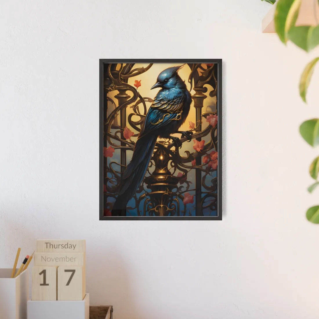 Songbird Guardian: Intense Portrait Digital Art - Framed Poster