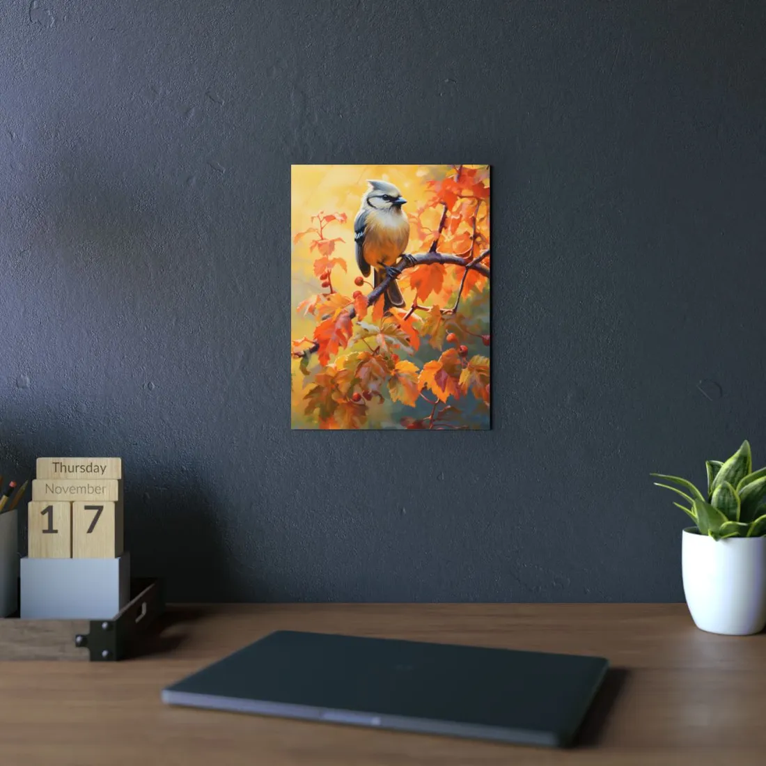 Songbird in Autumn Colors: Oil Painting - Metal Poster