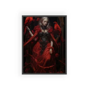 Crimson Muse with Parrots Framed Poster