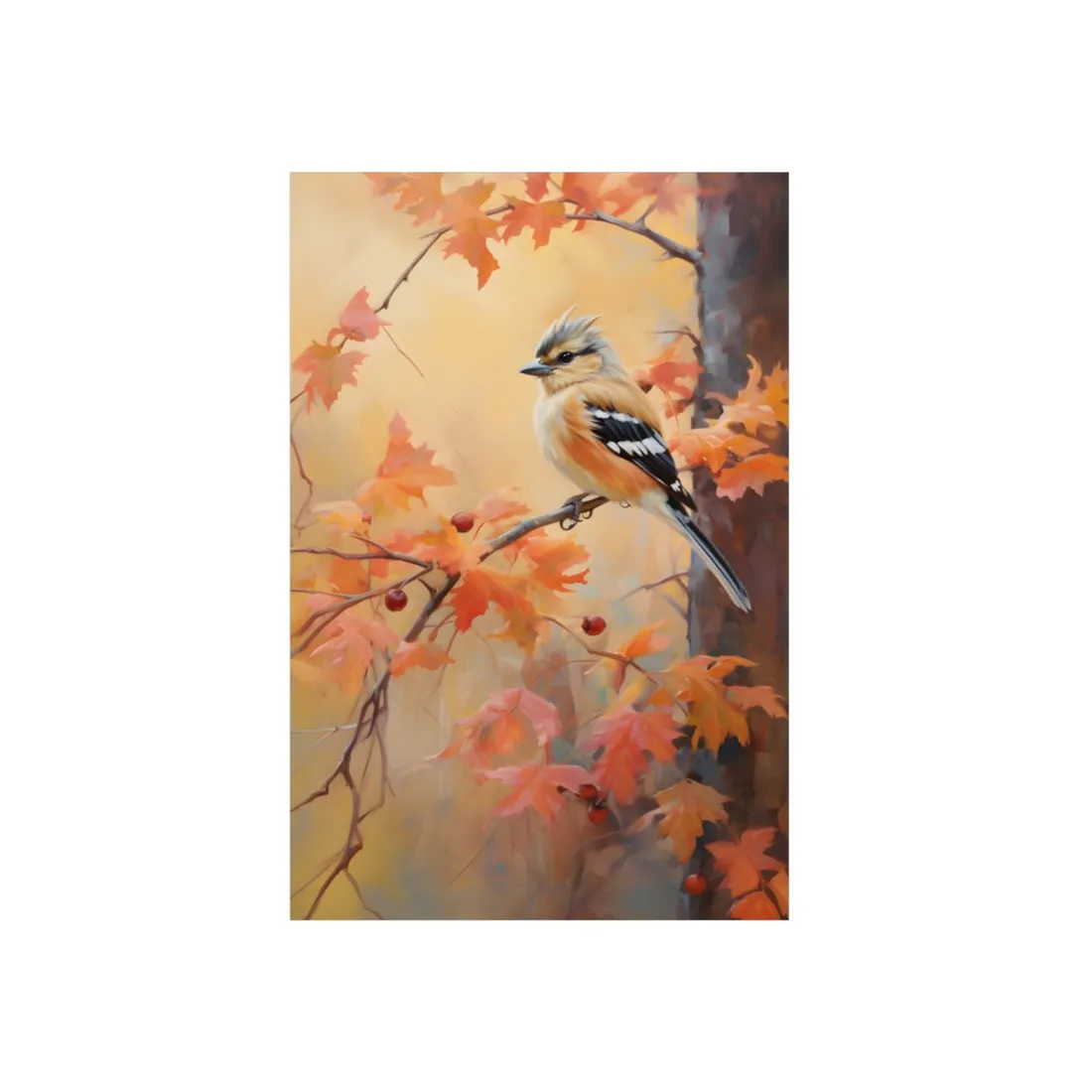 Songbird on the Golden Autumn Branch: Oil Painting - Metal Poster