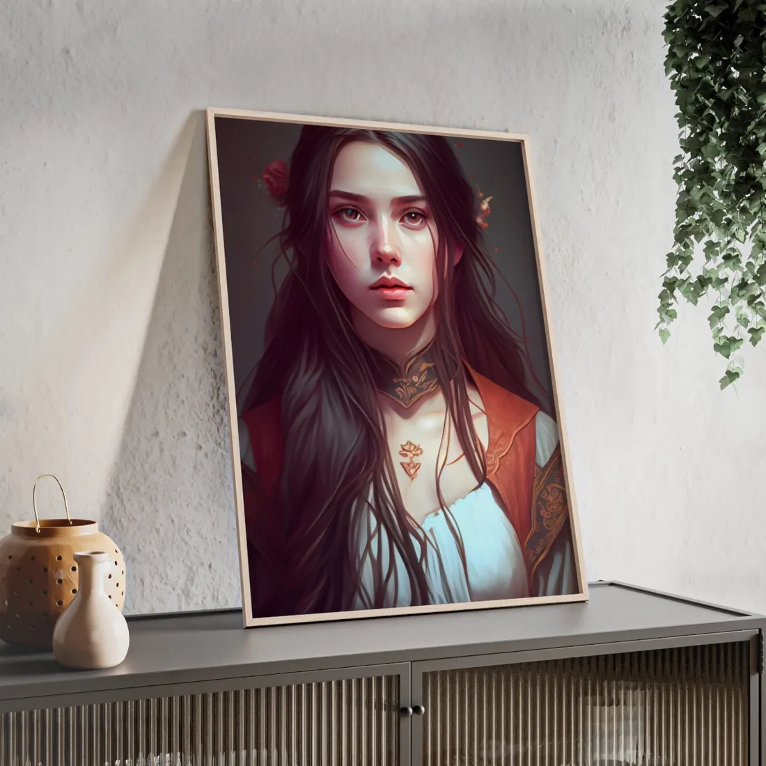 Sophisticated Female Portrait: Brown Hair Artwork in Focus - Framed Poster