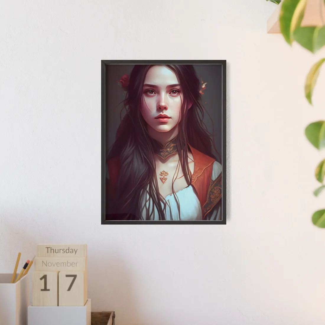 Sophisticated Female Portrait: Brown Hair Artwork in Focus - Framed Poster