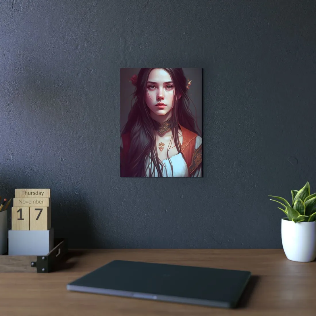 Sophisticated Female Portrait: Brown Hair Artwork in Focus - Metal Poster