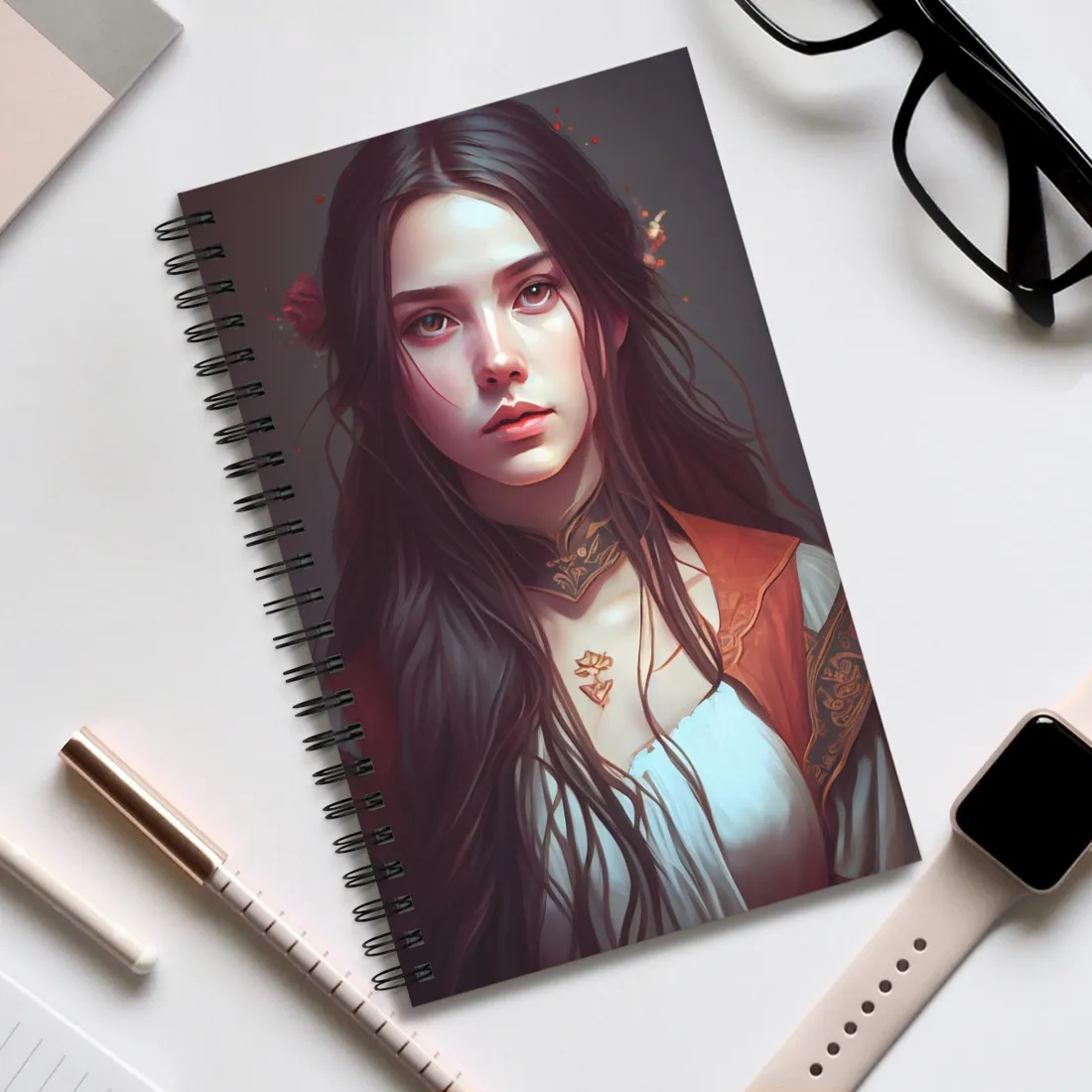Sophisticated Female Portrait: Brown Hair Artwork in Focus - Spiral Notebook