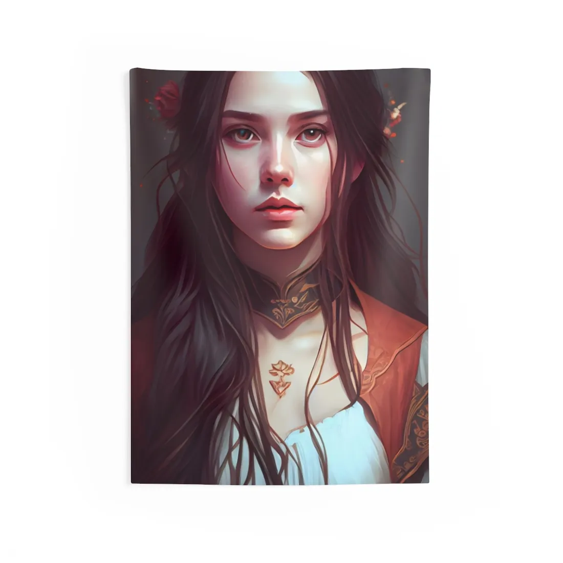 Sophisticated Female Portrait: Brown Hair Artwork in Focus - Wall Tapestry