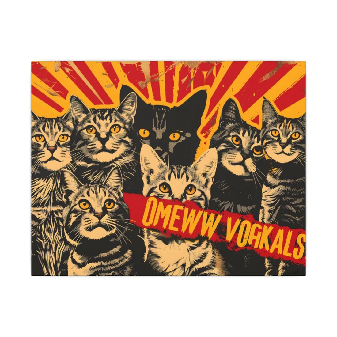 Soviet-Style Cats: Red Background Art Piece - Canvas