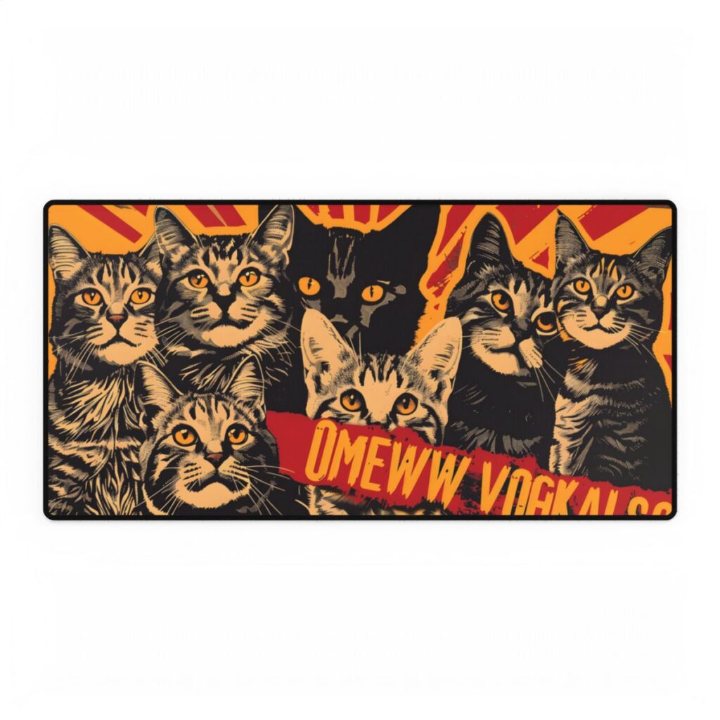 Soviet-Style Cats: Red Background Art Piece - Desk Mat