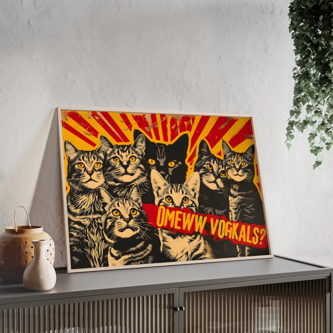 Soviet-Style Cats: Red Background Art Piece - Framed Poster