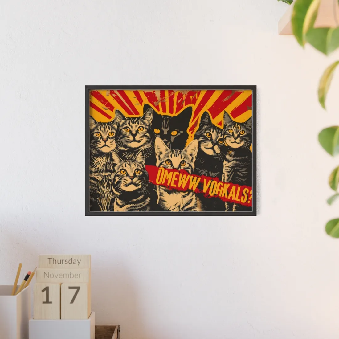 Soviet-Style Cats: Red Background Art Piece - Framed Poster
